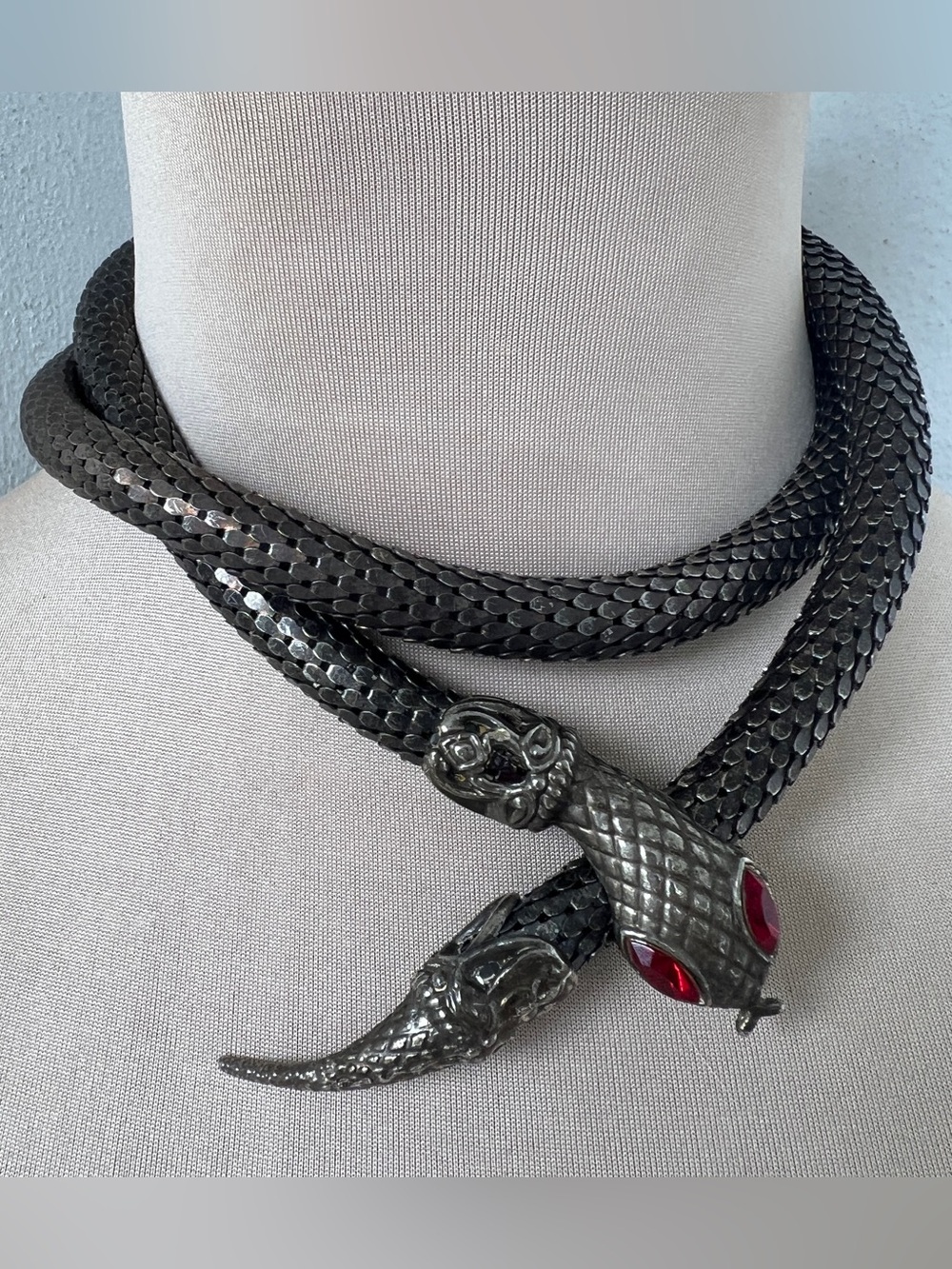 DL Auld Vintage Gunmetal Bronze Silver Mesh Snake Belt Necklace Lariat 36”